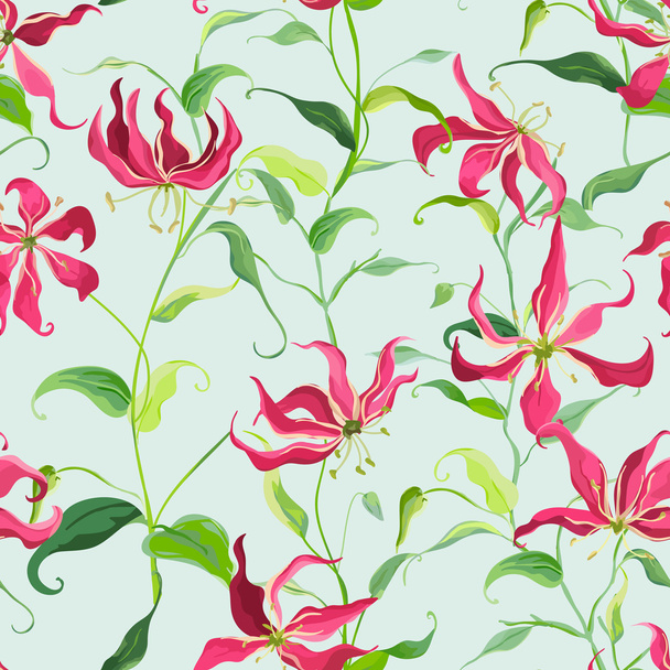 Tropical Leaves and Floral Background - Fire Lily Flowers - Seamless Pattern in Vector - Vecteur, image