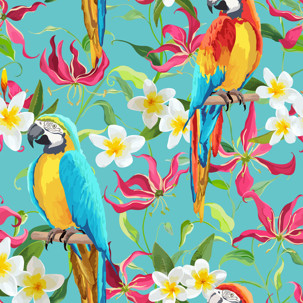 tropische Blumen und Papageienvogel Hintergrund - Feuerlilie Blumen - nahtlose Muster in Vektor - Vektor, Bild