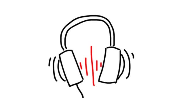 Het pictogram van de hoofdtelefoon. Hand getrokken oortelefoons met rode geluidsgolf beats.  - Video