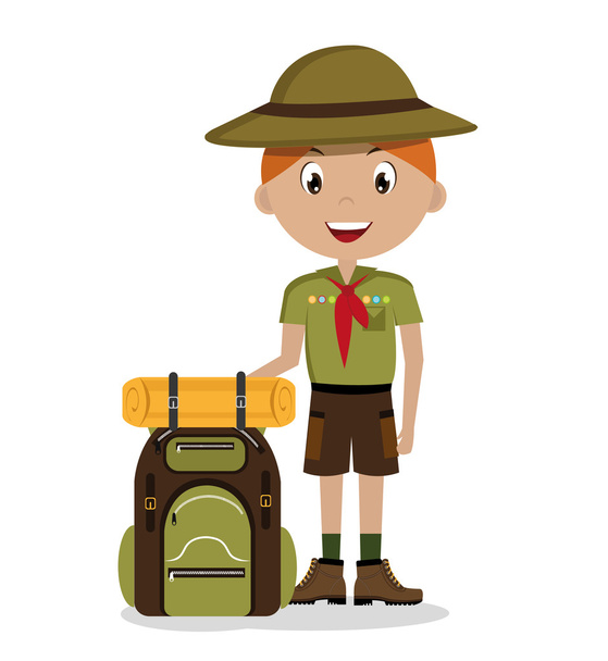 Scout karakter met reizen tas geïsoleerd pictogram ontwerp - Vector, afbeelding