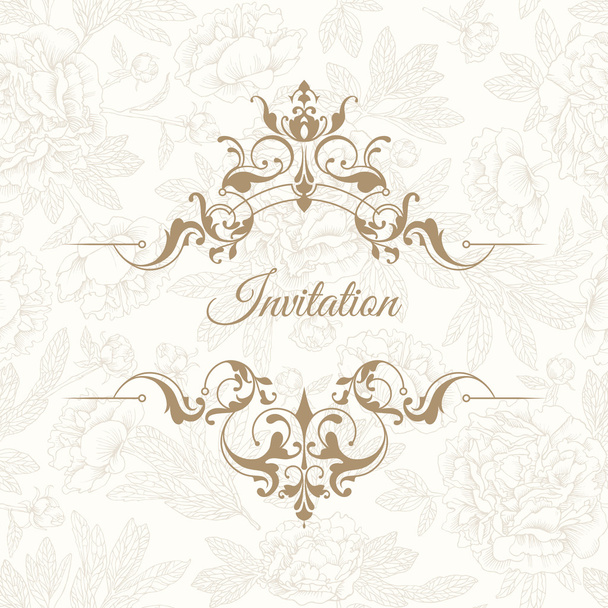 Invitation with classic borders. Seamless pattern of peonies. - Vecteur, image