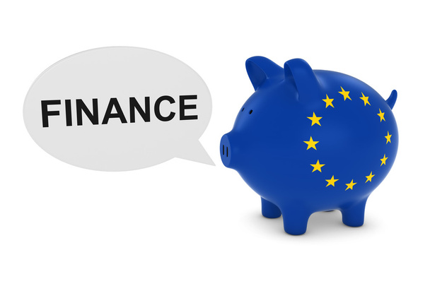 EU Flag Piggy Bank with Finance Text Speech Bubble 3D Illustration - Fotó, kép