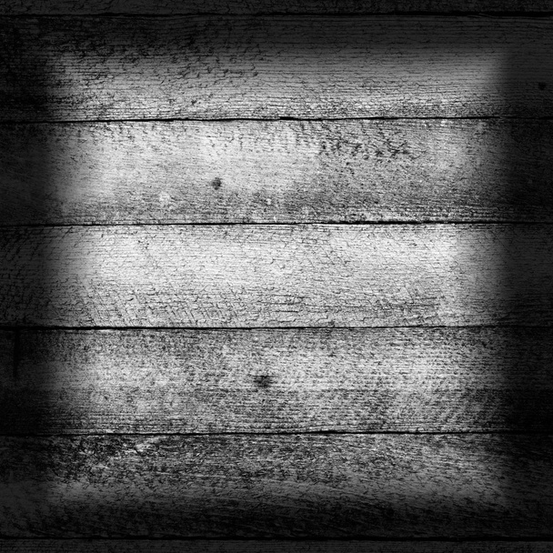 old wooden texture grunge background with horizontal boards granary. black white toned photo with vignette frame - Photo, Image