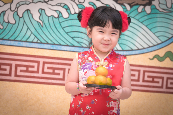 Asijská čínská dívka v tradiční čínštině, drží oranžové mzdy - Fotografie, Obrázek