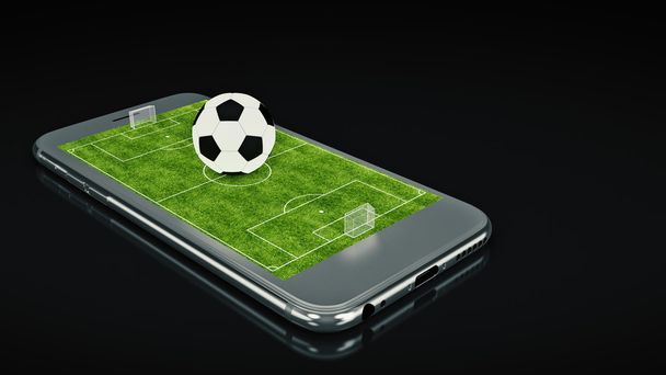 Mobile soccer. Football field on the smartphone screen and ball. Online ticket sales concept. 3d rendering - Zdjęcie, obraz