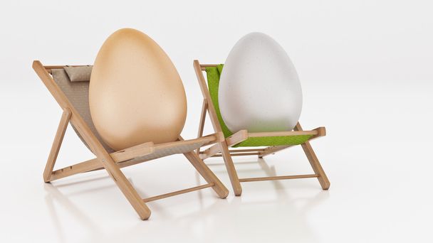 tojás feküdt le a nyári strand szék elszigetelt fehér, absztrakt háttér a húsvéti ünnep fogalma. 3D-leképezés - Fotó, kép