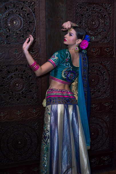 Mulher indiana jovem bonita em roupas tradicionais com maquiagem nupcial e jóias. linda noiva morena. Dançarina de bollywood em Sari. Bellydancer árabe
 - Foto, Imagem