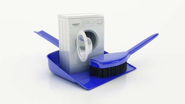 Temizlik kavramı. faraş veya kepçe ve fırça. 3D - Fotoğraf, Görsel