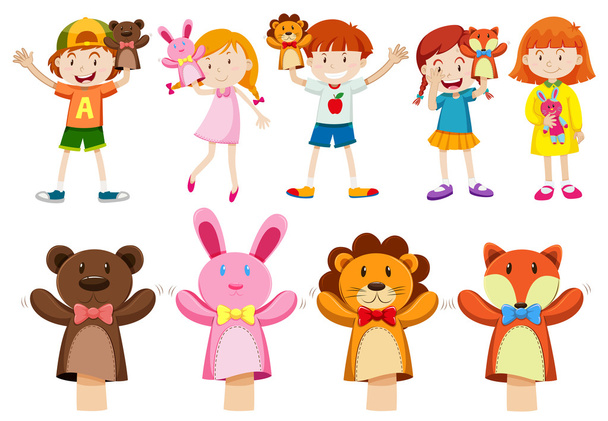 Boys and girls with hand puppets - Vector, Image