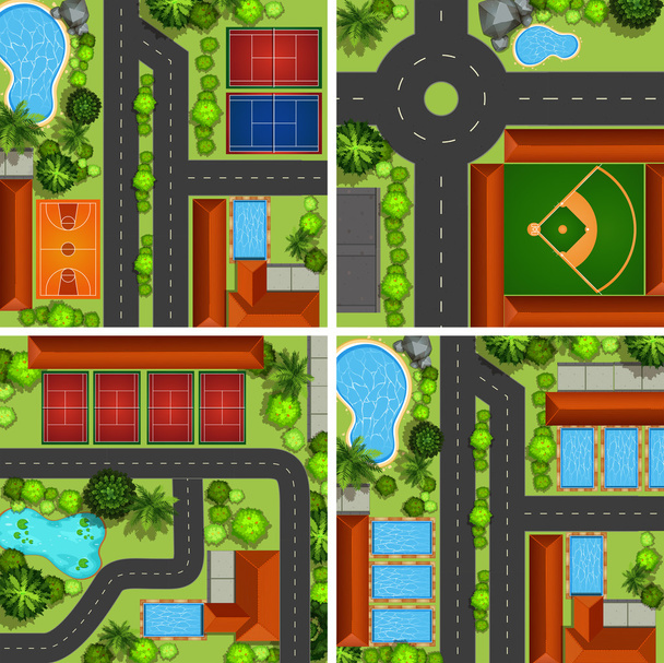 Aerial scenes with roads and sport courts - Vector, Image