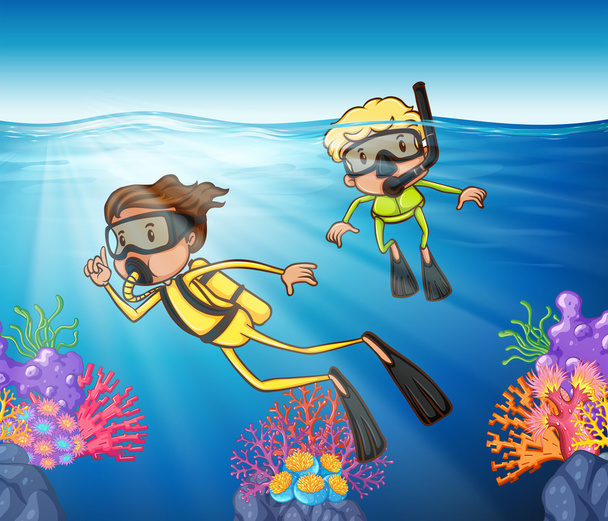 Two people scuba diving under the ocean - Vector, Image