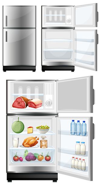 Refrigerador con alimentos en el almacenamiento
 - Vector, imagen
