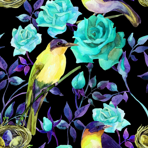 Watercolor birds on the blue roses - Photo, Image