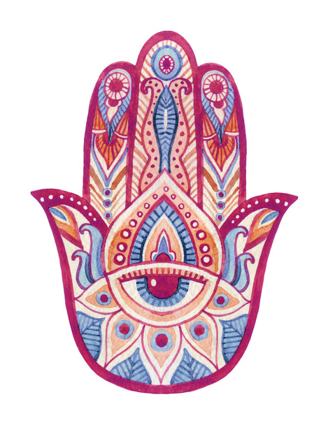 Watercolor hamsa hand with ethnic ornaments and all seeing eye - Photo, Image