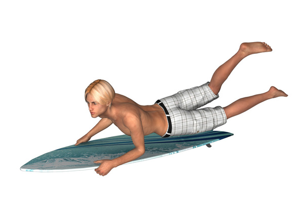 3D Rendering Male Surfer on White - Foto, afbeelding