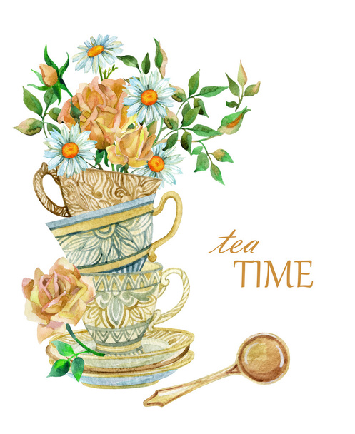 Aquarel thee bekers achtergrond met lepel en bloemen. - Foto, afbeelding