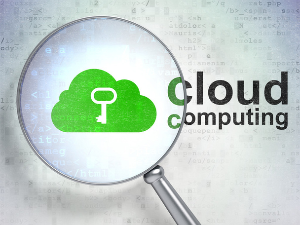 Cloud Computing concept: Cloud met Key en Cloud Computing met optisch glas - Foto, afbeelding