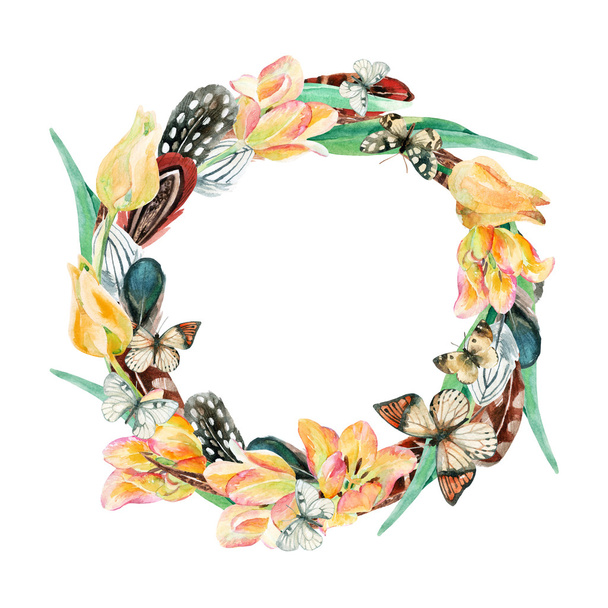 Watercolor wreath with bird feathers, flowers and butterfly - Foto, afbeelding