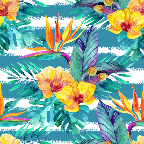 Tropical leaves and flowers. Floral design background. - Photo, Image