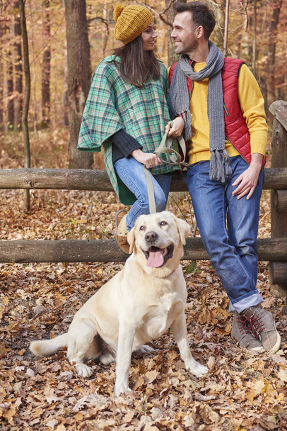 Paar mit Hund beim Herbstspaziergang   - Foto, Bild