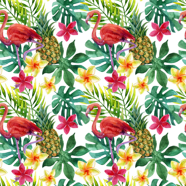 Tropické akvarel ananasu, květy a listy se stíny - Fotografie, Obrázek