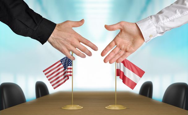 Stany Zjednoczone i Austria dyplomatów drżenie rąk do uzgodnienia deal, część renderowania 3d - Zdjęcie, obraz