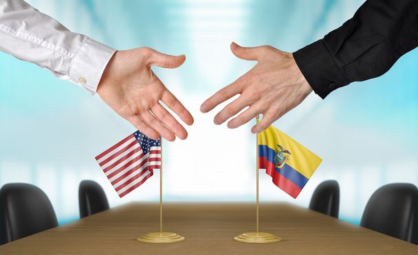 Stany Zjednoczone i Ekwador dyplomatów drżenie rąk do uzgodnienia deal, część renderowania 3d - Zdjęcie, obraz
