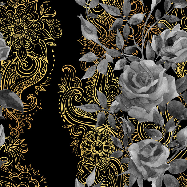 roses on golden ornament. Seamless pattern - Photo, Image