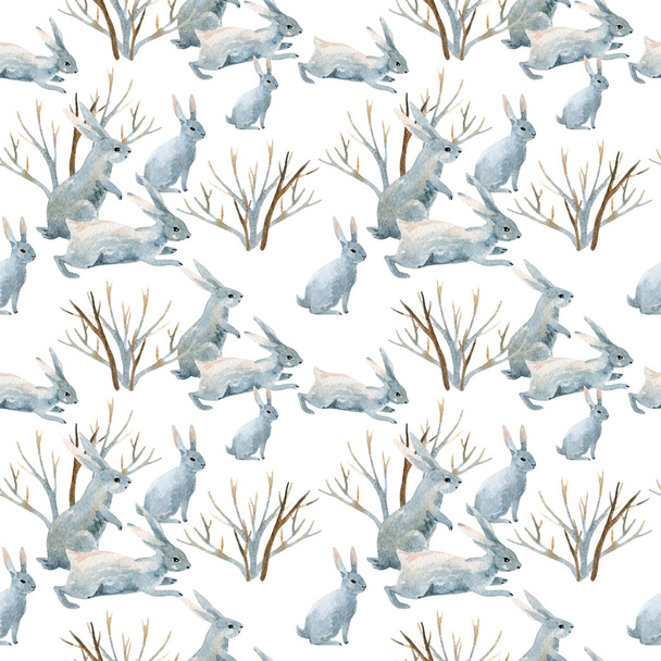 Rabbit in winter. Watercolor seamless pattern - Photo, image