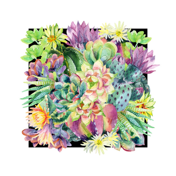 Watercolor blooming cactus background - Foto, imagen