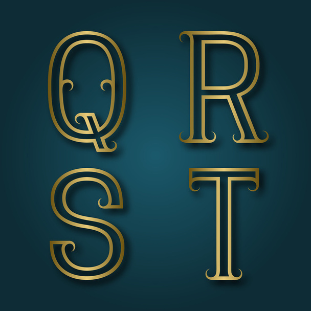 Q, R, S, T glanzende gouden letters met schaduw. - Vector, afbeelding
