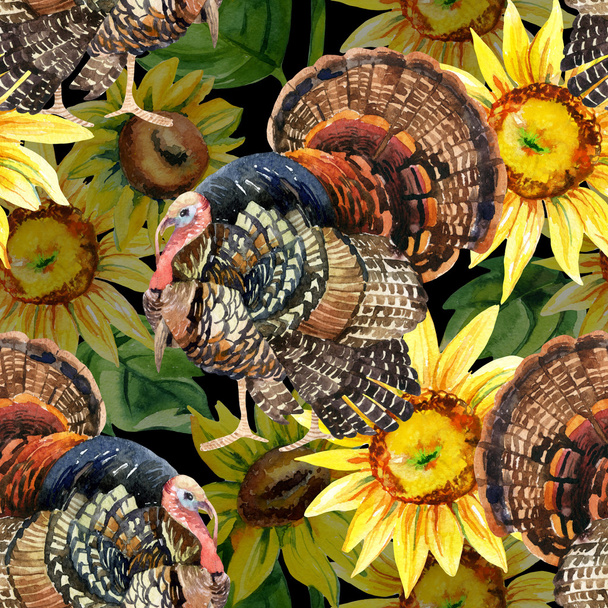 Watercolor turkey with sunflowers seamless pattern  - Photo, Image