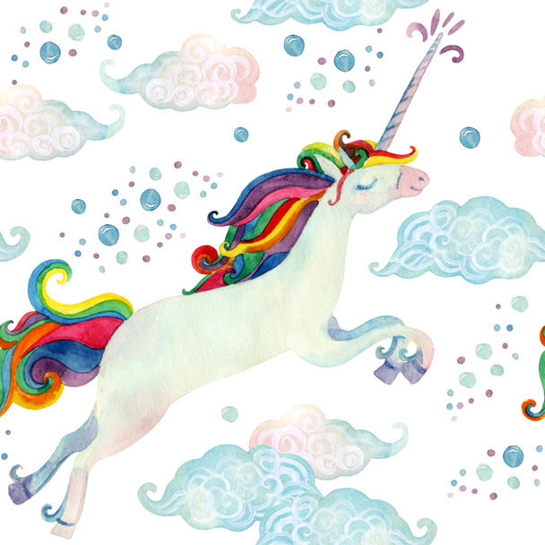 Patrón sin costuras de cuento de hadas de acuarela con unicornio volador, nubes mágicas y lluvia
 - Foto, imagen