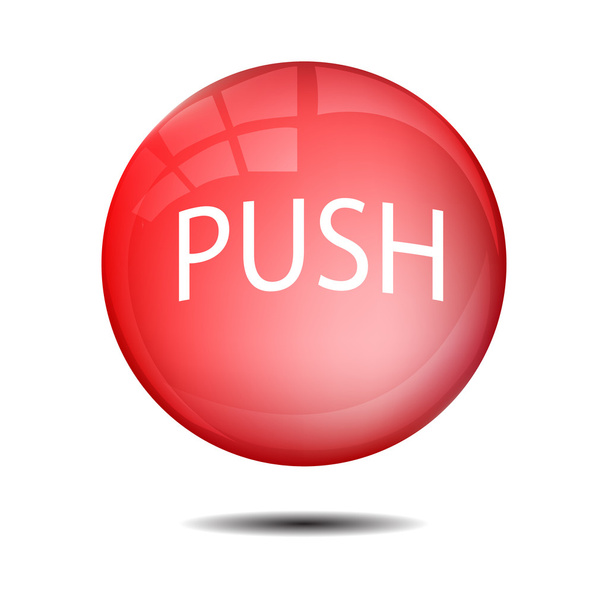 赤色のボリューム ボタン「プッシュ」。Web デザイン、チラシ、バナーに使用できます。 - ベクター画像