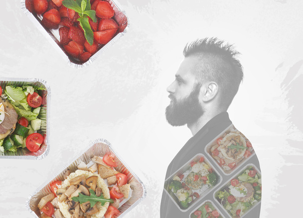 Healthy food take away in boxes and man portrait - Photo, Image