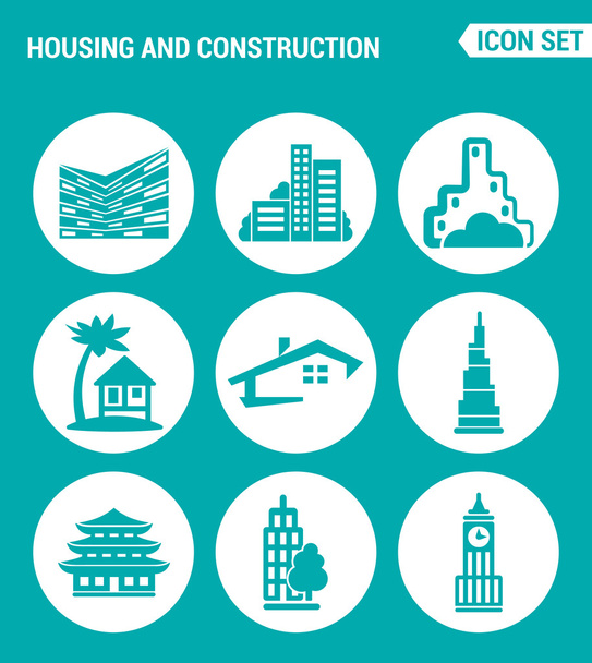 Vector set web icons. Housing and construction city, house, architecture, business centre, apartment, home, office. Design of signs, symbols on a turquoise background - Vector, Image