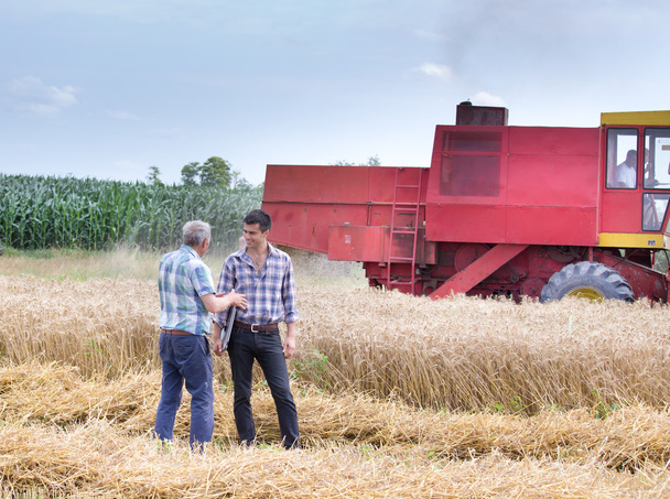 Farmers on field with combine harbester - Photo, Image