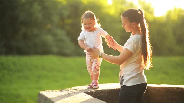 Mutter und Tochter spazieren in der Natur, schöne Mutter mit ihren kleinen Kindern an einem warmen Sommertag an der Hand im Park - Filmmaterial, Video