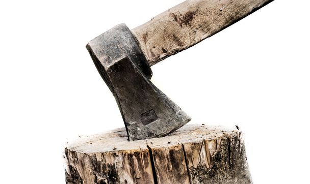 altes rostiges Beil steckt in trockenem Holzstamm fest - Foto, Bild
