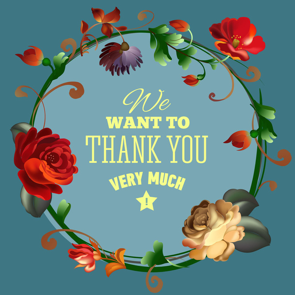 Thank you card with beautiful vintage flowers - Διάνυσμα, εικόνα