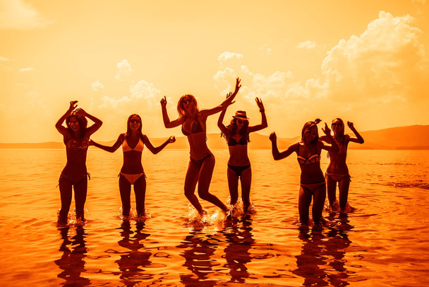 weergave van de groep van vrienden Having Fun op tropisch strand in de zomer. zomertijd - Foto, afbeelding