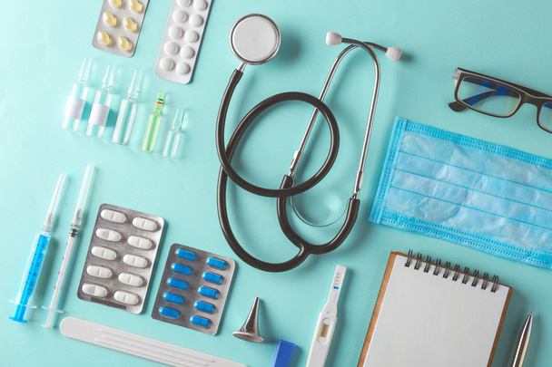 Doctor table with medical items. - Фото, зображення