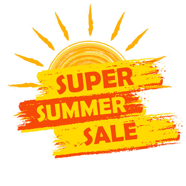 super venta de verano con signo de sol, etiqueta dibujada amarillo y naranja
,  - Vector, Imagen
