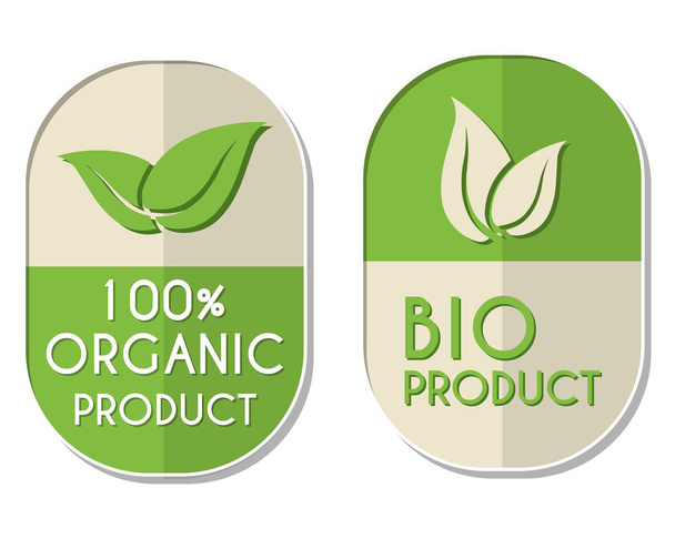 100 percent organic and bio product with leaf sign, two elliptic - Vector, Image