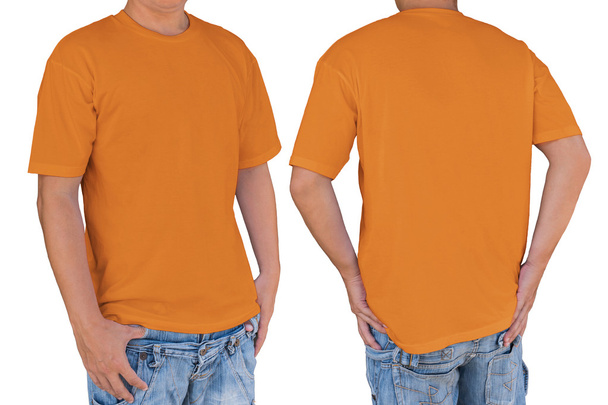 Mies yllään tyhjä kirkkaan oranssi t-paita leikkausreitillä, fron
 - Valokuva, kuva