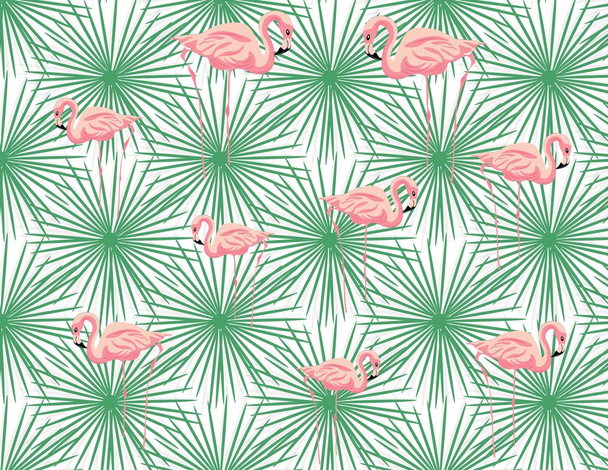 Pink Flamingos and palm leaves pattern. - Διάνυσμα, εικόνα