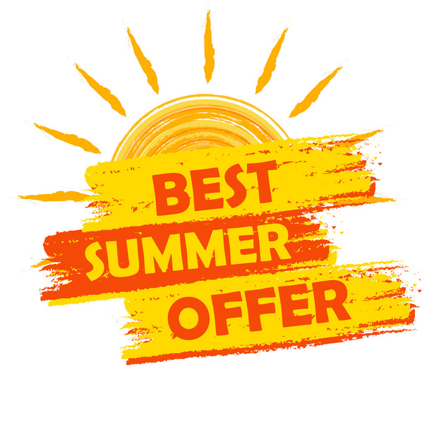 bestes Sommerangebot mit Sonnenschild, gelb und orange gezeichnetem Etikett,  - Vektor, Bild