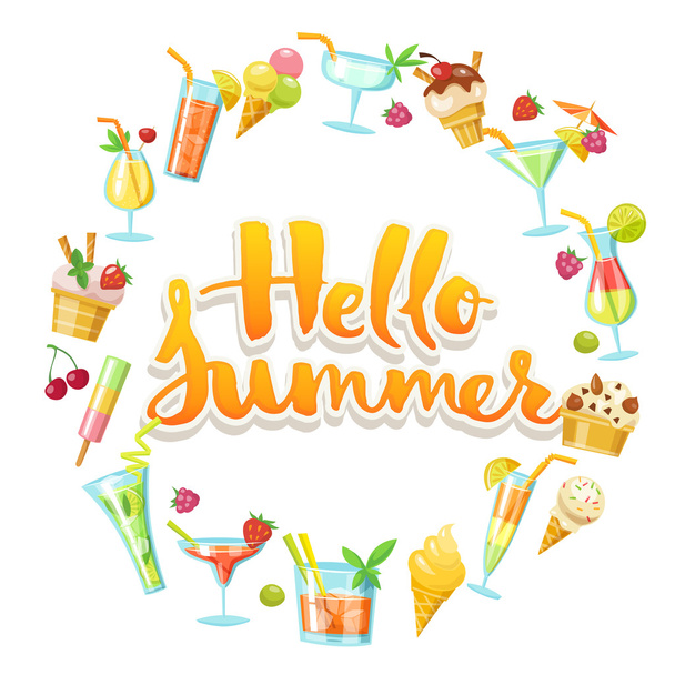 Hello summer design with food and drinks - Wektor, obraz