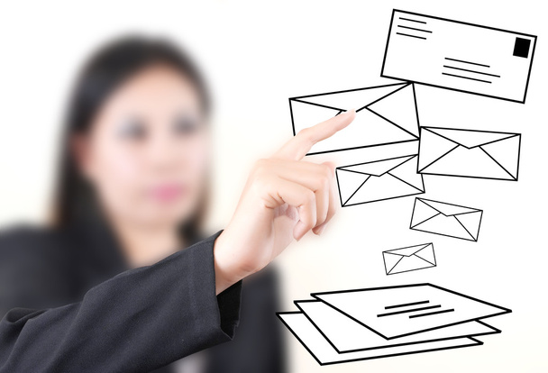 Üzleti lady szorongató mail világszerte, a szociális hálózati kommunikáció - Fotó, kép