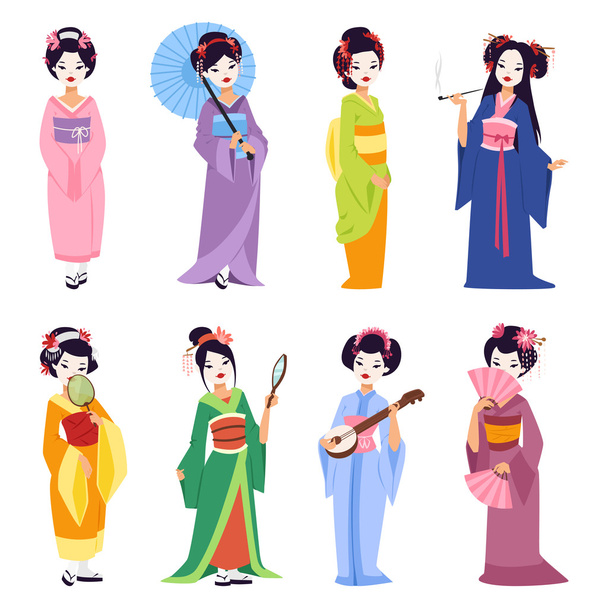 Vector set of Japanese geisha girls. - Vetor, Imagem